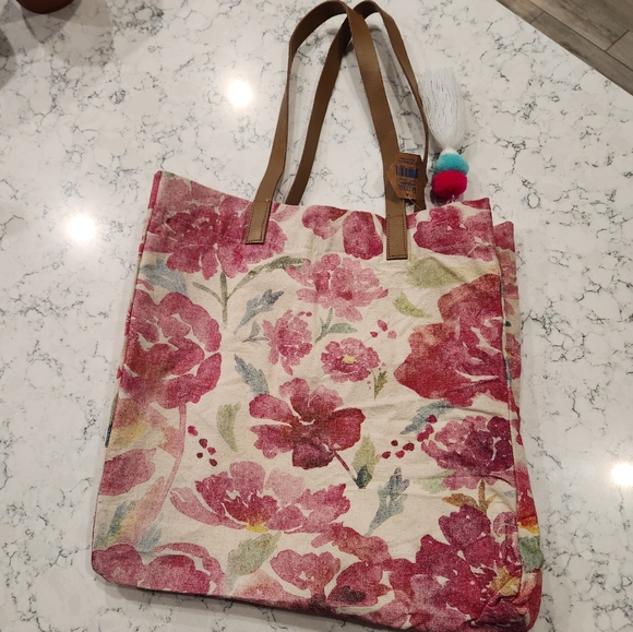 FLORAL FLIRTY POM POM CANVAS TOTE BAG WATERCOLOR ECCOLO NWT cream & pink - Picture 2 of 12